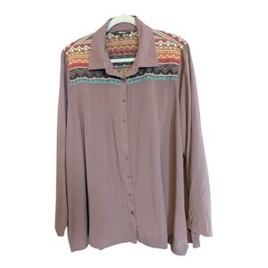 Andree size 1X embroidered button down shirt with stain on sleeve and small tear